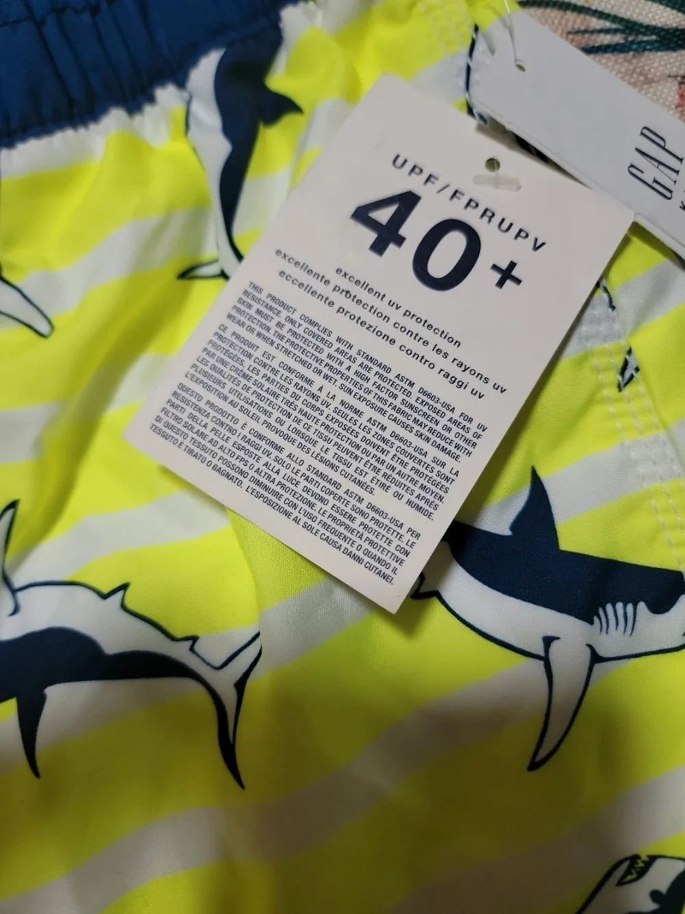 GAP Neon Yellow and Navy Shark Print Swim Shorts boys large husky